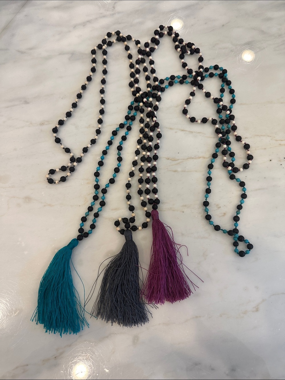 Beaded Tassel Necklace Trio - Teal, Gray, and Purple